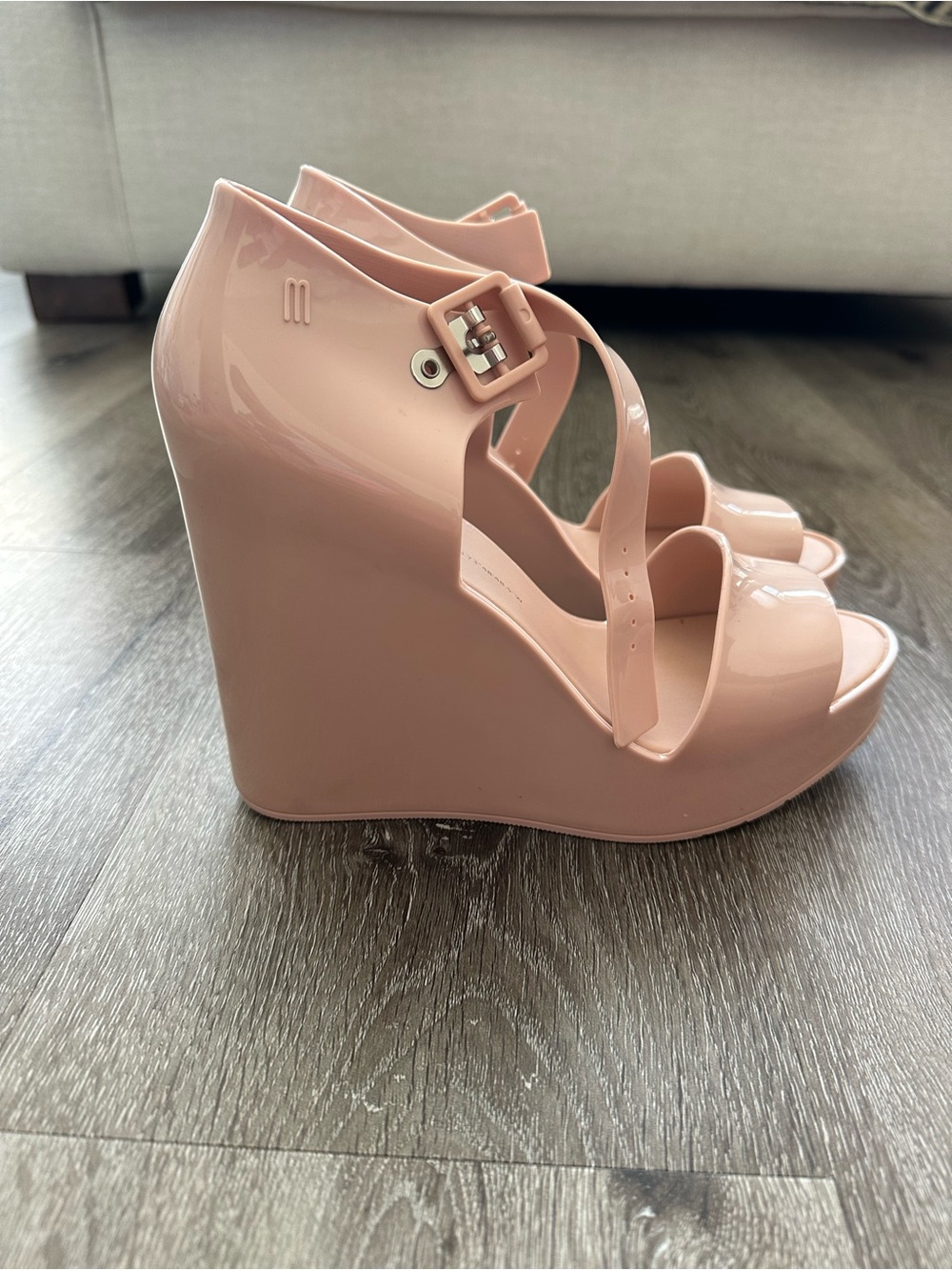 Melissa Blush Pink Glossy Wedge Sandals with Ankle Buckle